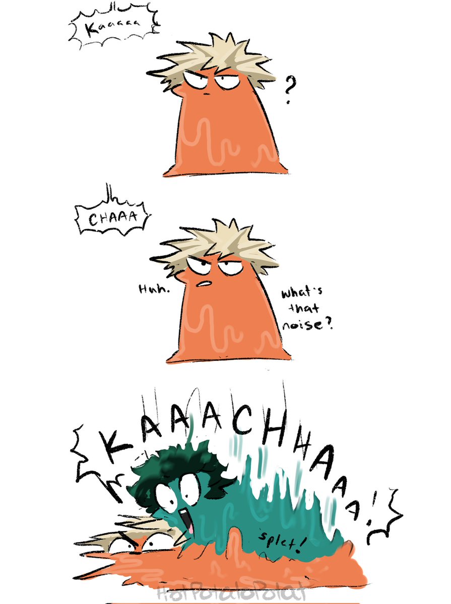 HotPotatoPotat's tweet photo. Deku slime tries a new Fusion with Bakugou slime that was on his bucket list! 

Do you think it worked out well? 😅 uh...

[mha slime au] #bkdk #dkbk https://t.co/txdyAO4asn