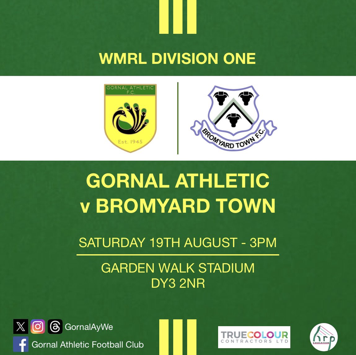 UP NEXT

🆚 <a href="/BromyardTownFC/">Bromyard Town FC</a> 
🏆 <a href="/wmrfl/">West Midlands (Regional) League</a> 
🏟️ Garden Walk, DY3 2NR
🗓️ 19/08/23
⏰ 3pm
🎟️ Adult £5, Concessions £3

#WeNotMe 🦚🟡🟢