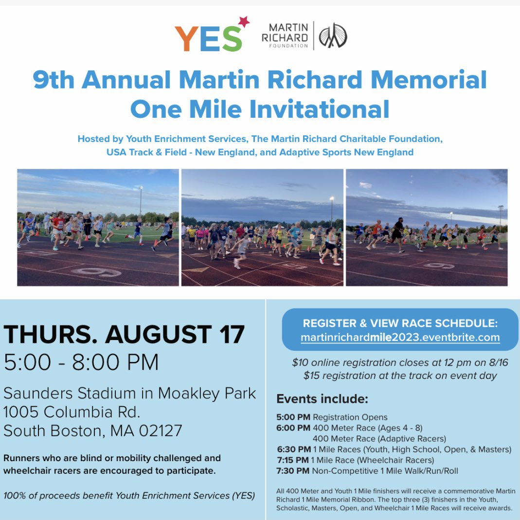 The Martin Richard Memorial One Mile Invitational is ✨TOMORROW NIGHT✨ This race is a fun, family-friendly event with a 400m option for ages 4-8 and adaptive athletes! 100% of the proceeds benefit @YESKidsBoston!💙💛 View the race schedule & register: martinrichardmile2023.eventbrite.com