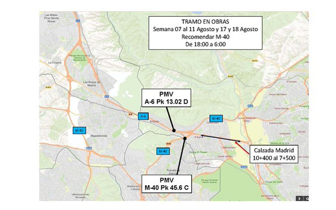 📢⚫️En Madrid, por obras, cortados dos carriles en la entrada de la A-6, desde el km. 10,4 al 7,5. 

➡️ Enlaces afectados: PK 10 Aravaca, PK 9 M-500 Y PK 8 Hipódromo. 
➡️Itinerario alternativo por M-40. 

📻Para más información <a href="/InformacionDGT/">D.G.T.</a> y dgt.es/comunicacion/b…