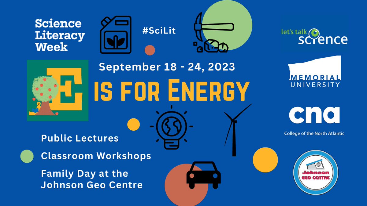 Stay tuned for some 'energizing' events during Science Literacy Week (Sept 18-24)! Public lectures, classroom workshops, family day @NLGEOCENTRE... all keeping with the #SciLit theme of 'E' is for Energy! @MUN_Engineering @ProcessENG_MUN @CNA_News 

Please RT to spread the news!