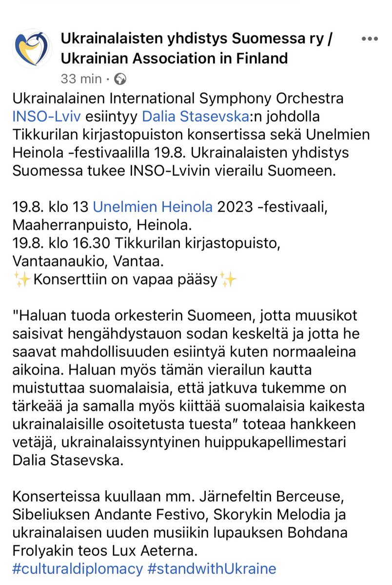 💙💛
Iso kiitos kaikille <a href="/InsoLviv/">INSO-Lviv</a> orkesterin vierailun mahdollistaville tukijoille!

La 19.8.
13 Heinola Maaherranpuisto
15:30 Tikkurila Kirjapuisto

<a href="/UkrAssocInFinn/">Ukrainalaisten Yhdistys Suomessa ry</a> #movedcollective <a href="/MoominOfficial/">Moomin</a> #vantaanviihdeorkesteri #sublimemusicagency <a href="/VantaanKaupunki/">Vantaan kaupunki</a> <a href="/Heinolakaupunki/">Heinolan kaupunki</a>