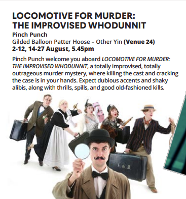 CSSDLondon's tweet image. Locomotive for Murder: The Improvised Whodunnit,  Co-created and improvised by Emma Lundegaard, Sam Martin, Eoin McAndrews,  Will Beynon, and Peter Rugman #CSSDEdinburgh #CSSDAlumni @‌pinchpunchimpro