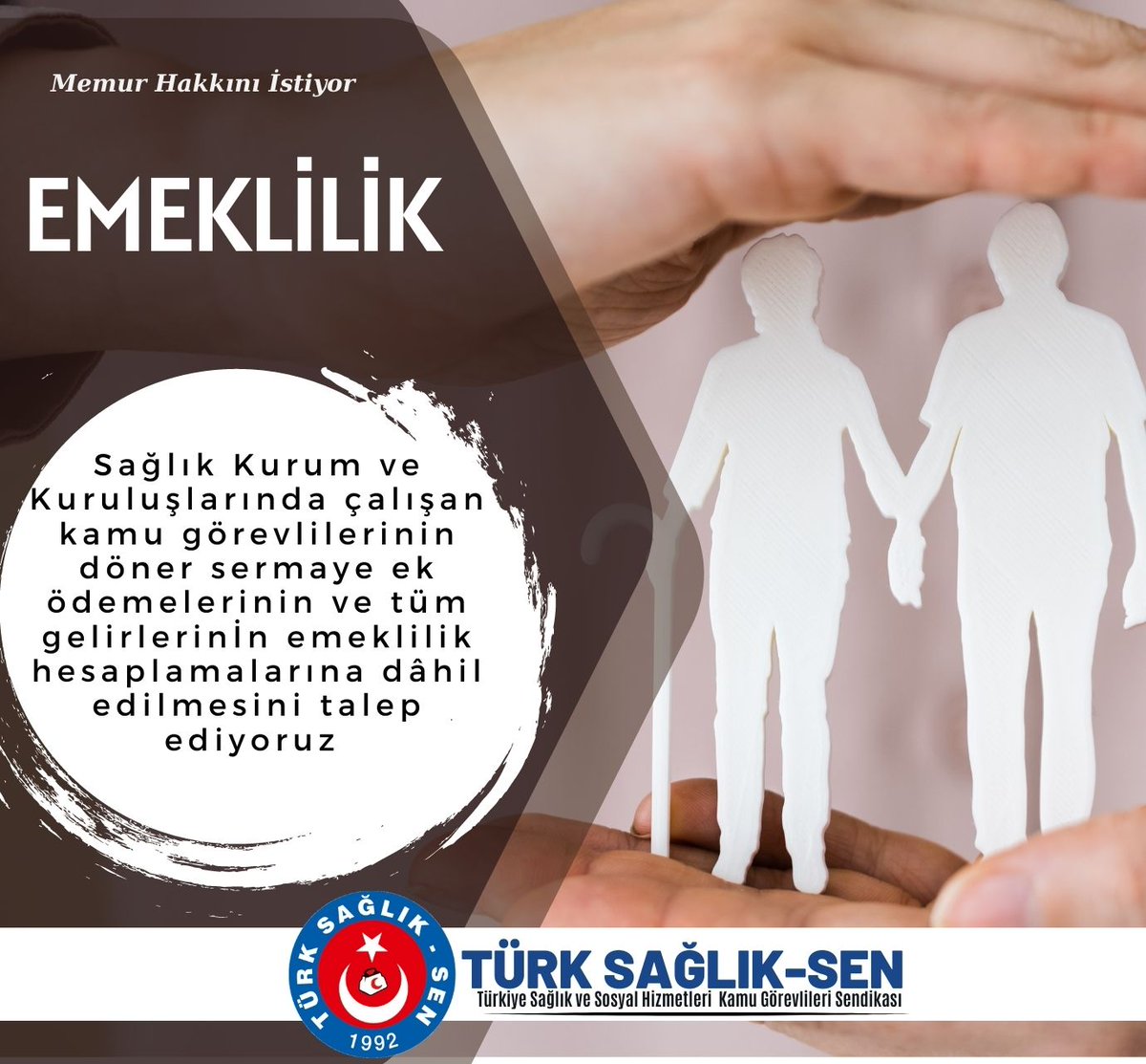 Sağlık Kurum ve Kuruluşlarında çalışan kamu görevlilerinin döner sermaye ek ödemelerinin ve tüm gelirlerinin emeklilik hesaplamalarına dâhil edilmesini talep ediyoruz.
#MemurHakkınıİstiyor