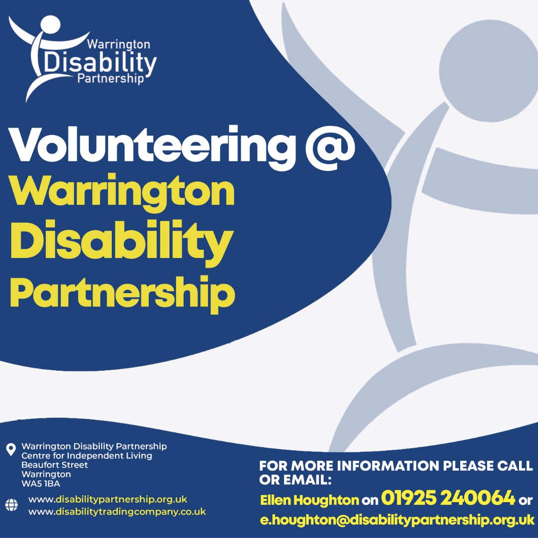 Are you looking for a Volunteering opportunity? We have something for everyone with a range of areas you can volunteer in across our services.

For more information, contact Ellen at e.houghton@disabilitypartnership.org.uk, or call on 01925 240064 #Volunteer #Warrington