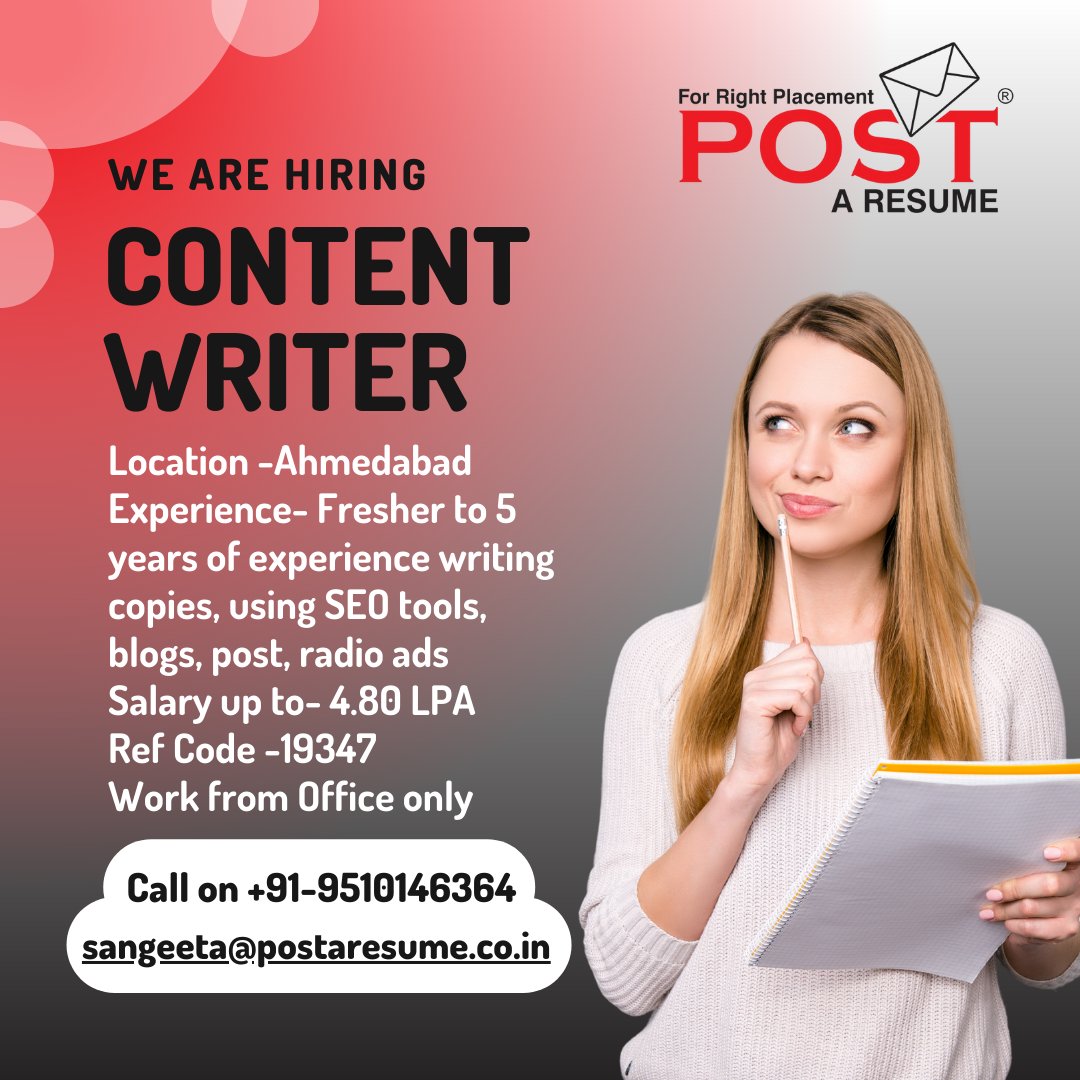 vipulmmali's tweet image. Looking  for Content Writer for Digital Marketing  agency in Ahmedabad 
Email- sangeeta@postaresume.co.in
Call at +91- 9510146364
Ref code- 19347 
.
#ContentWriterJob
#DigitalMarketingCareer
#AhmedabadOpportunity 
#postAresume
#jobsinAhmedabad