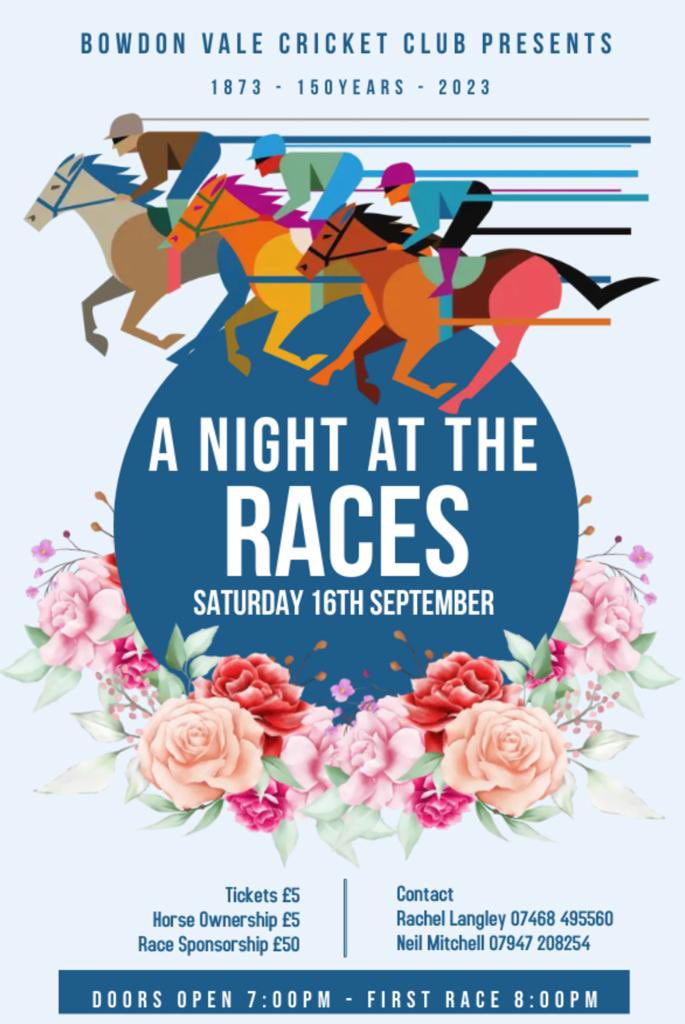 BowdonValeCC's tweet photo. Join us for Race Night at Bowdon Vale Cricket Club. Ticket + Horse £10 DM for tickets 🎫🐎 #cricket #villagecricket #bvcc #racenight #bowdon #hale #altrincham https://t.co/9RuiP9X7Xn