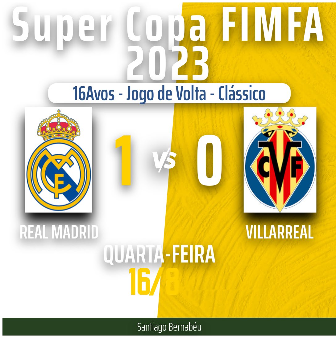 Fim de jogo:

🇪🇸 Real Madrid 1️⃣❌0️⃣ Villarreal 🇪🇸
AGREGADO: 3x2

Rodrygo ⚽️

Rodrygo 🏅

#RealMadridVSVillarreal #SuperCopaFIMFA2023 #16AvosSuperCopaFIMFA2023 #ClassicoFIMFA