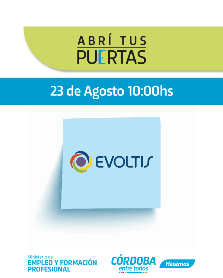 JefGabineteCba's tweet photo. ⚠️ Sigue la actividad "𝗔𝗯𝗿í 𝗧𝘂𝘀 𝗣𝘂𝗲𝗿𝘁𝗮𝘀" 🚪

 La cuarta jornada será en las instalaciones de #Evoltis 
🗓️⁣⁣ 23de Agosto
🕙 10:00 hs   

Para inscribirte y conocer más de la actividad ingresá a📲 https://t.co/CenCsRihLg… 

⁣ #AbríTusPuertas https://t.co/AiCtlt3ubb