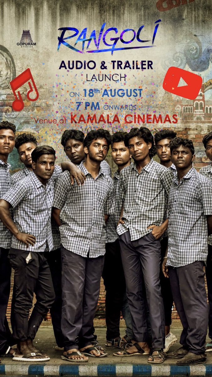 #Rangoli Trailer &amp; Audio Launch on 18th August at 7 PM. Prepare to take a nostalgic trip back to school on the big screen!

@gopuram_studios #k_babureddy <a href="/SatishKumarG18/">Satish Kumar G</a> <a href="/vaali_mohandas/">வாலி மோகன் தாஸ்</a> #hamaresh #actormurugadas <a href="/Sashiprabha33/">SaiShri</a> <a href="/akshaya__31/">akshaya hariharan</a> <a href="/amitbhargav12/">Amit Bhargava</a> #spydersanjay #rahul