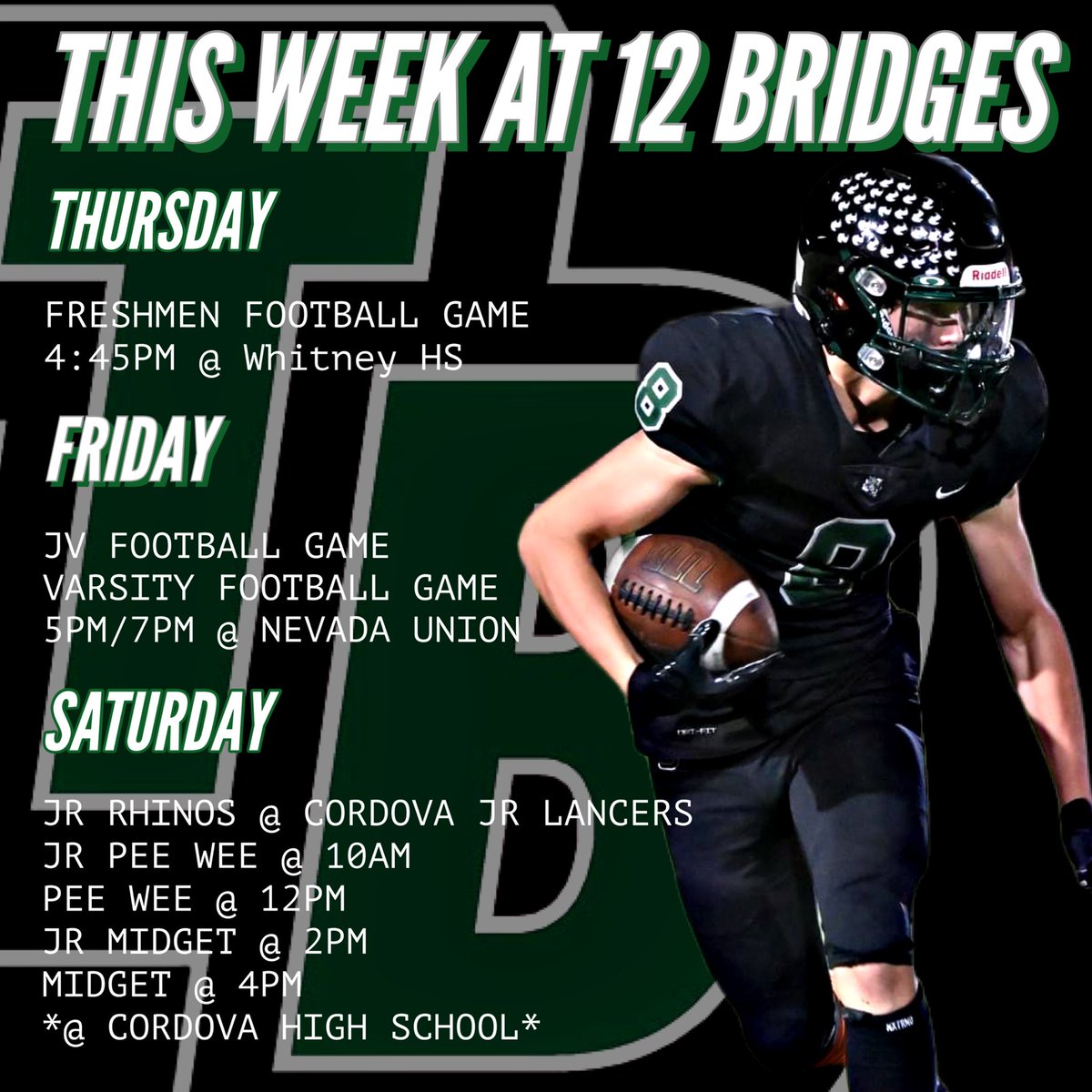 CoachHogge72's tweet photo. All of @12BFootball teams are in action on the road week 1! Get your 🍿 ready! 🦏⚫️🟢 #twelvebridgeshighschool #JRRHINOS #SOUL #FACTANONVERBA #LINCOLNSTRONG #RHINOTOUGH #keepcharging https://t.co/wrjdRgXjb3