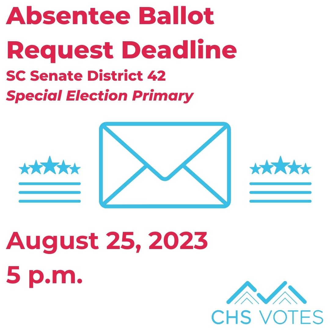 CharlestonVotes's tweet photo. Those who wish to vote absentee in the SC Senate District 42 Special Election Primary must request their ballots by 5 p.m. on Aug. 25th!
Learn more: https://t.co/lDV4aHiHwQ
#CHSVotes #CHSNews #VoteReady #SCPol #scVOTES #AbsenteeVoting #AbsenteeVote https://t.co/sMMLIB6d6i