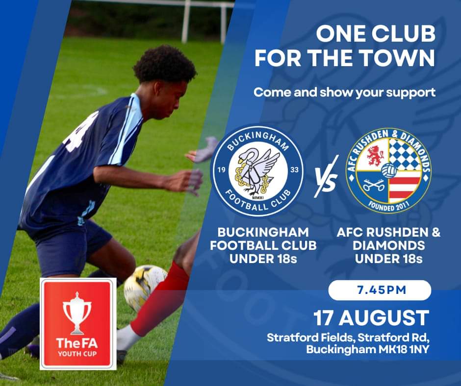 🔴 FA YOUTH CUP 🔴

🔵 BUCKINGHAM U18 V AFC Rushden &amp; Diamonds U18s 🔵

Tomorrow evening we welcome AFC Rushden and Diamonds Under 18s to Stratford Fields for the Extra Preliminary Round of the FA Youth Cup.

17th August 
7:45PM Kick Off