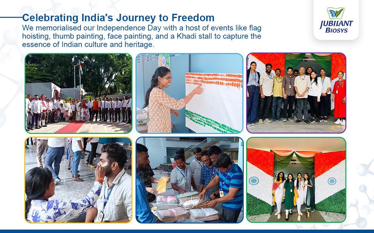 Independence Day celebrations at Jubilant Biosys, Bengaluru.
Celebrating India's Journey to Freedom with a host of events like flag hoisting, thumb &amp; face painting and installing a khadi stall that captures the essence of  Indian culture.