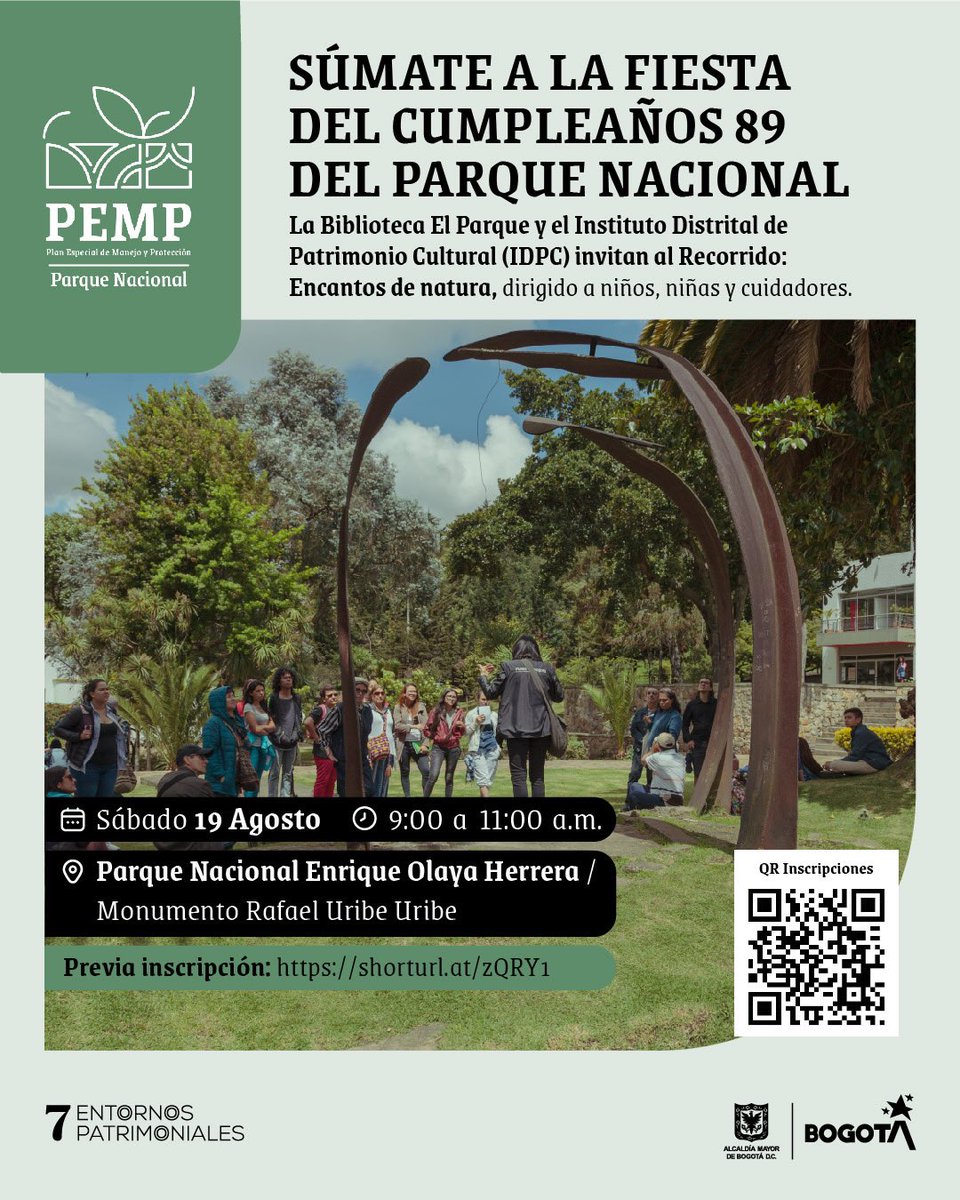 Patrimoniobta's tweet photo. ¡El Parque Nacional cumple 89 años! 🥳🌳 Celebremos juntos 👉🏻
Este 19 de agosto prográmate con una agenda cultural llena de actividades.
⏰ Horario: de 9a.m. a 4p.m.
🔔 Inscripción para el recorrido: https://t.co/cQpRBar9dG
* Las demás actividades son abiertas a la ciudadanía. https://t.co/qa1S6Eckya