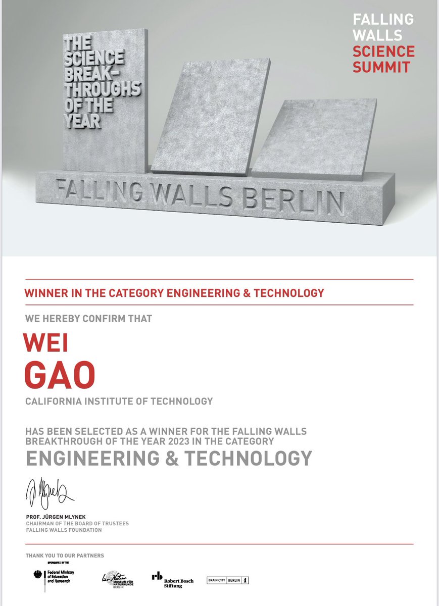 Very honored to be selected as a Winner of Falling Walls 2023 in Engineering and Technology! <a href="/Falling_Walls/">Falling Walls</a> #FallingWalls <a href="/Caltech/">Caltech</a> <a href="/CaltechEAS/">Caltech Division of Engineering & Applied Science</a> 
See the full list: falling-walls.com/engineering-an…