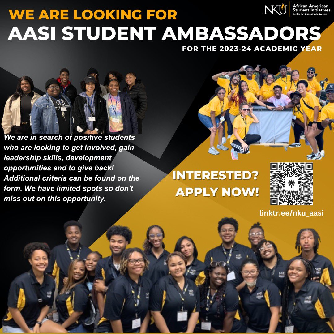 We are in search of positive students who are looking to get involved, gain leadership skills, development opportunities and to give back! 

We have limited spots so don't miss out on this opportunity. 

Click here for more info &amp; to apply: linktr.ee/nku_aasi