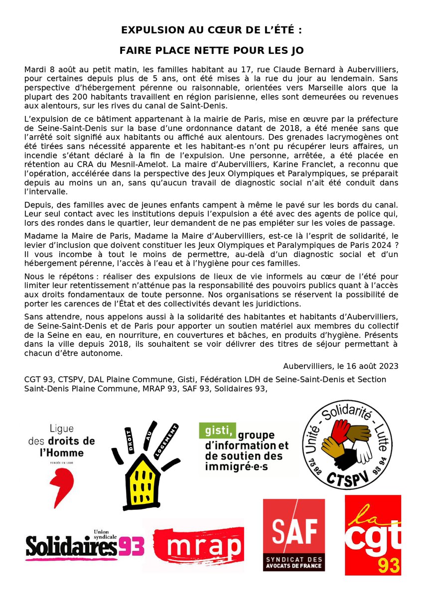 Observatoire93's tweet photo. EXPULSION AU COEUR DE L'ETE : FAIRE PLACE NETTE POUR LES JO : une opération accélérée dans la perspective des JO et paralympiques sans aucun diagnostic social au préalable, sans affichage de l'arrêté aux alentours ni signification aux habitant.e.s https://t.co/FfPiGjoama