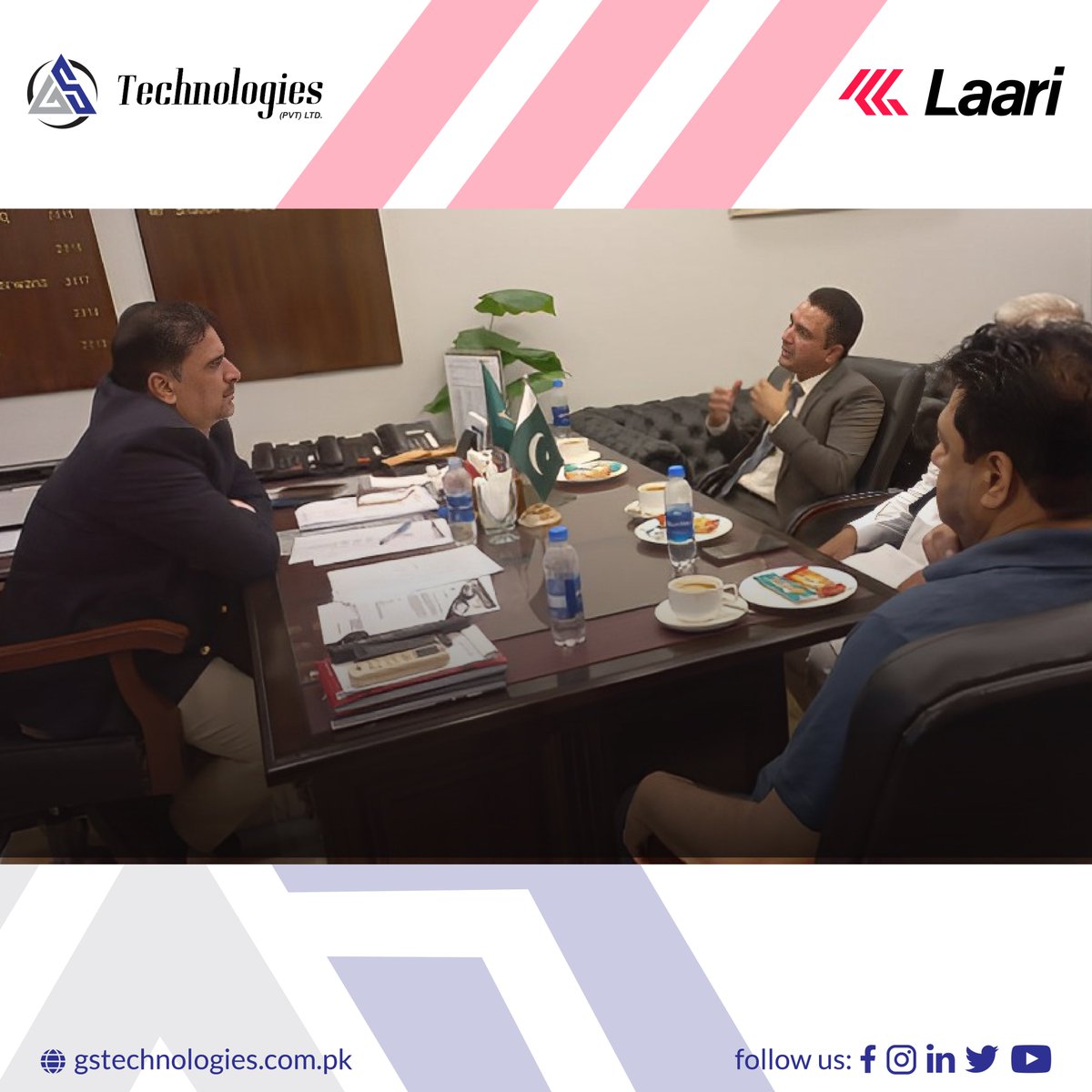 GSTechPAK's tweet photo. Mr.Tayyab Umair Khan, CEO of GS Technologies, meeting with Mr. Shabbir Hassan, Vice President FPCCI, in the presence of Mr.Tanveer Jutt, President of All Pakistan Transport Association &amp; Mr.Riaz Ahmed, Project Director Laari by GS Technologies, at Karachi.

#GSTechnologies #Laari https://t.co/uqoijSa4t8
