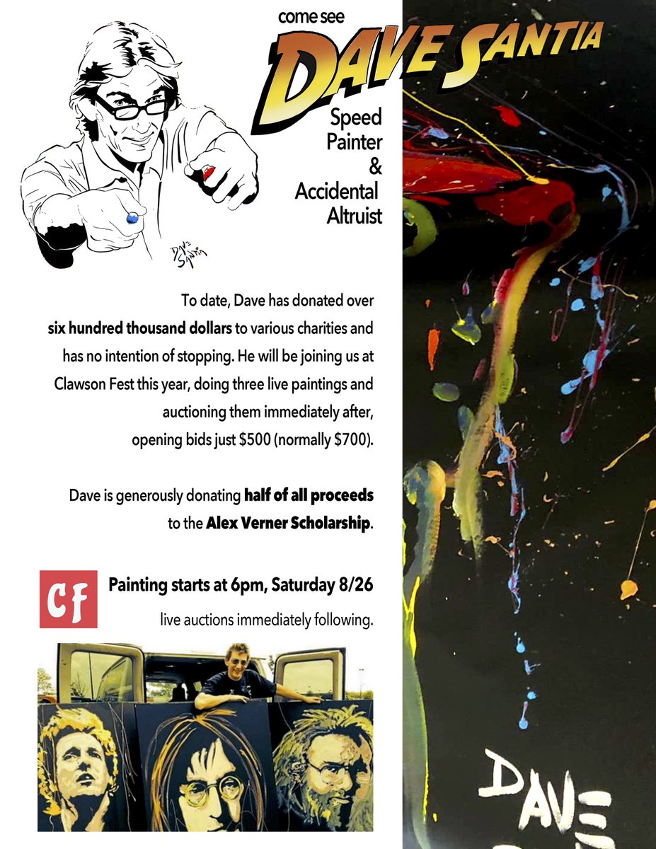 On Saturday, August 26th, <a href="/ClawsonFest/">Clawson Fest</a> returns! During the fest, featured artist <a href="/DaveSantia/">DaveSantia</a> will create 3 live speed paintings and each will be auctioned off afterward. Dave is generously donating half of all proceeds to the Alex Verner Scholarship! 🎨 #AV24 💛💙 #WeAreCPS