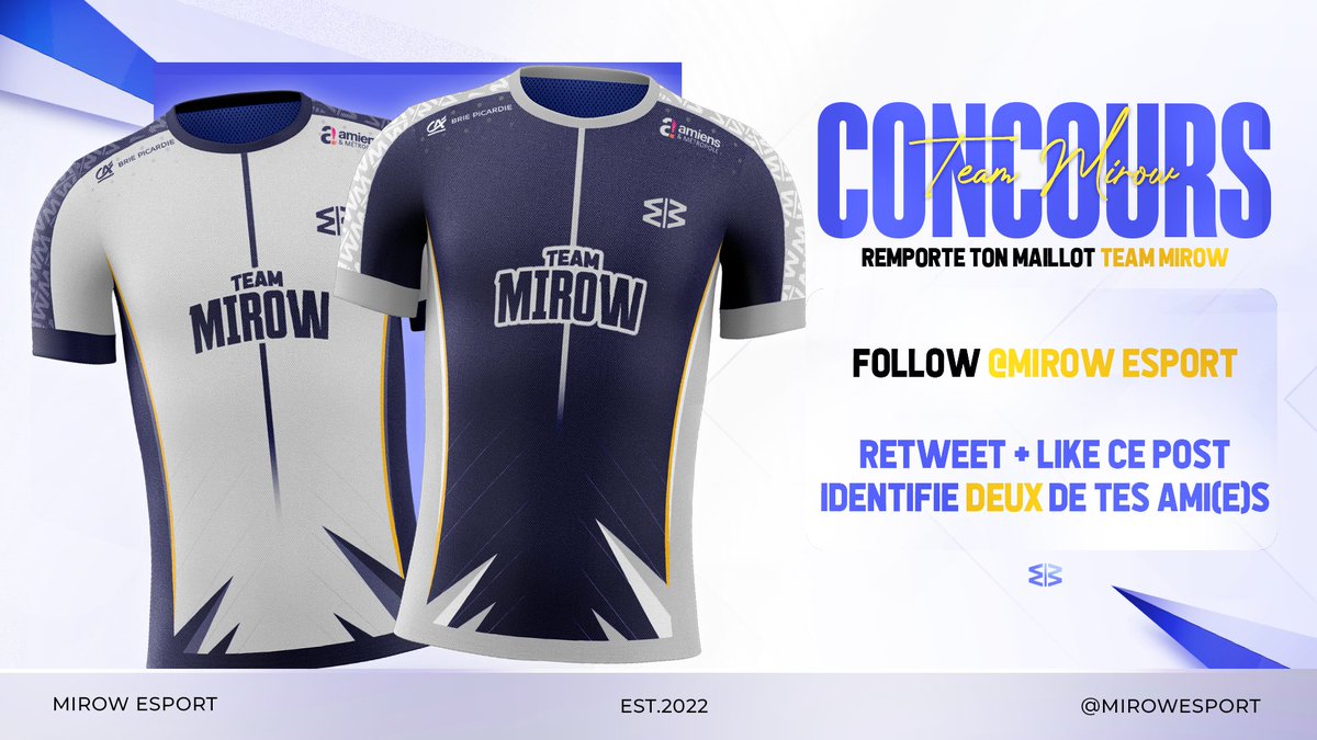 Tu souhaites supporter Mirow, mais tu n'as pas le maillot ? 

La honte ! 🤦🏻‍♂️

Profitez de ce merveilleux concours pour tenter de gagner votre maillot ! 🤩🎁

Pour participer : 
- Abonne toi à @MirowEsport 🤝
- Retweet et like ce post ❤️
- @ deux de tes ami(e)s 🌐

TAS 20/08