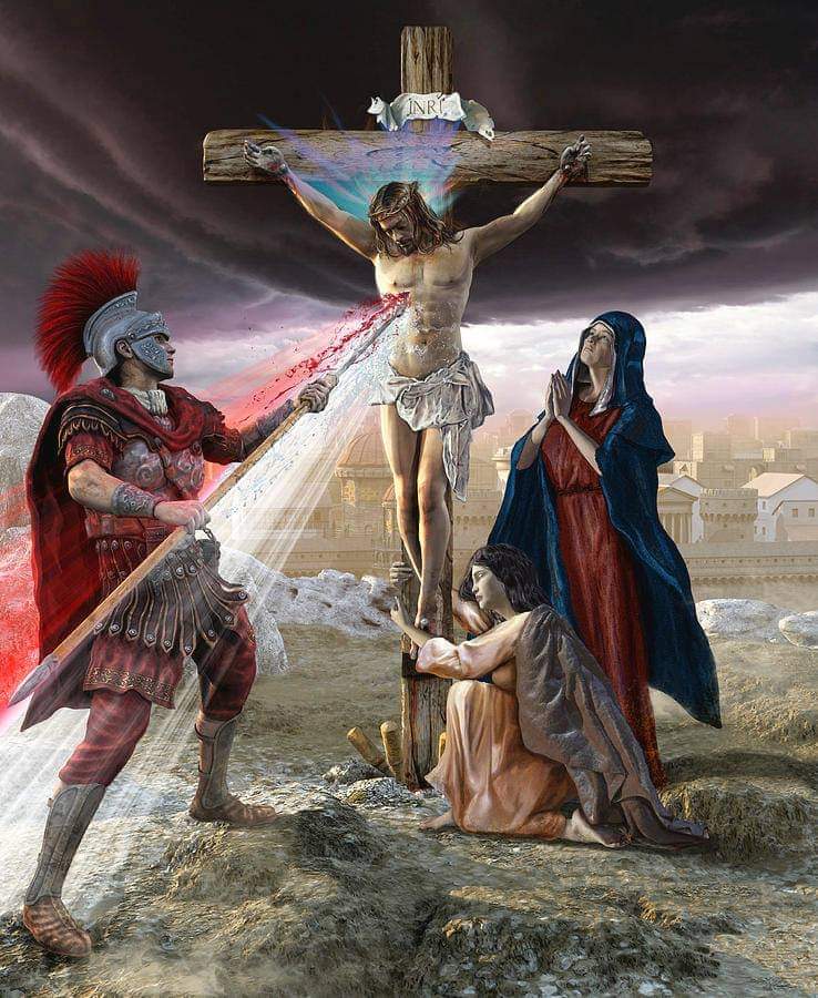 sscjusa's tweet photo. "Consider that the Roman centurion, trying to learn whether Christ the Lord was dead, drove a spear into His side so that its blade pierced His Heart. As he drew his spear, blood mixed with water flowed from the wound as a stream of God’s grace. Moved, he dismounted, knelt, beat his chest, and confessed loudly that Jesus was the true God and Savior. 
O great mystery! A pagan soldier rends the Heart of Jesus and is the first to experience his mercy to show all people the way."
St. Joseph Sebastian Pelczar 

Image: Jesus on the cross, Roman piercing his chest. Poster Print by Kurt Miller