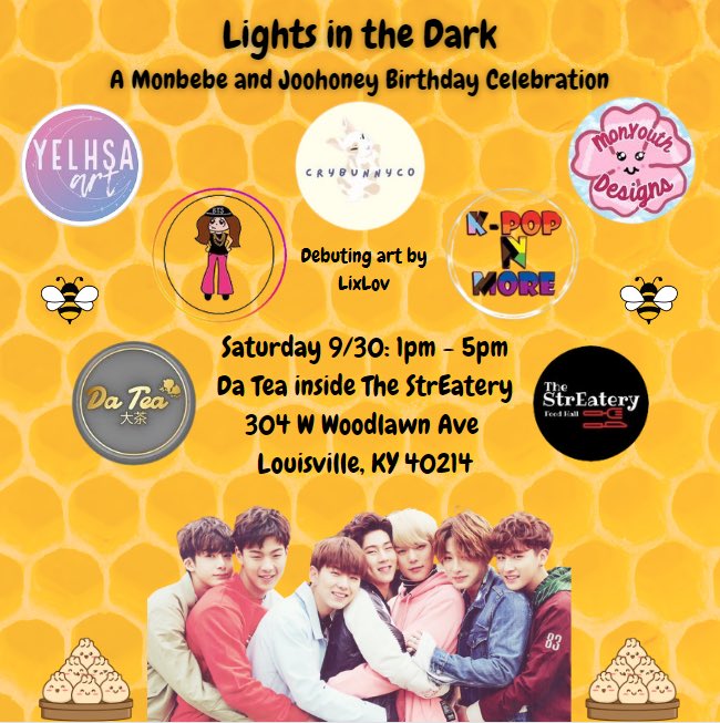 mxeventskytn's tweet photo. We are excited to announce our location and vendors for our event on 9/30! We will be at #DaTea inside the #LouisvilleStrEatery. Raffle prizes and price tiers coming soon! @OfficialMonstaX #monstax #monsta_x #shownu #kihyun #hyungwon #changkyun #jooheon #minhyuk #wonho https://t.co/8yBWo5eRYk