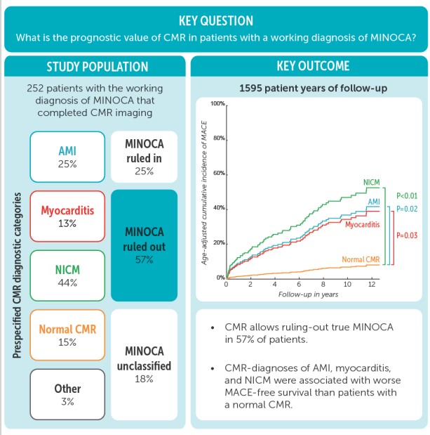 In patients with a working diagnosis of MINOCA, CMR allows ruling-out true MINOCA in over half of patients with alternative diagnoses: AMI, myocarditis, and NICM which are associated with worse MACE-free survival @RNijveldt @frederickruberg #AHAJournals doi.org/10.1161/CIRCIM…