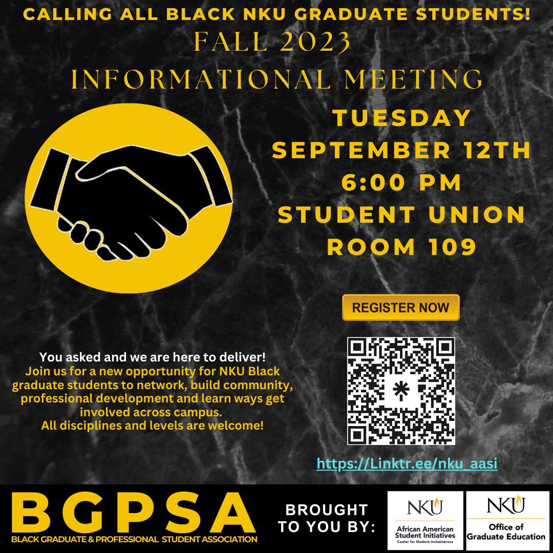 We are excited to bring the BGPSA)to NKU. After receiving feedback from several current black graduate students and Alumni, we began having conversations with colleagues at other institutions and NOW IS THE TIME! 

 RSVP here: https://Linktr.we/nku_aasi