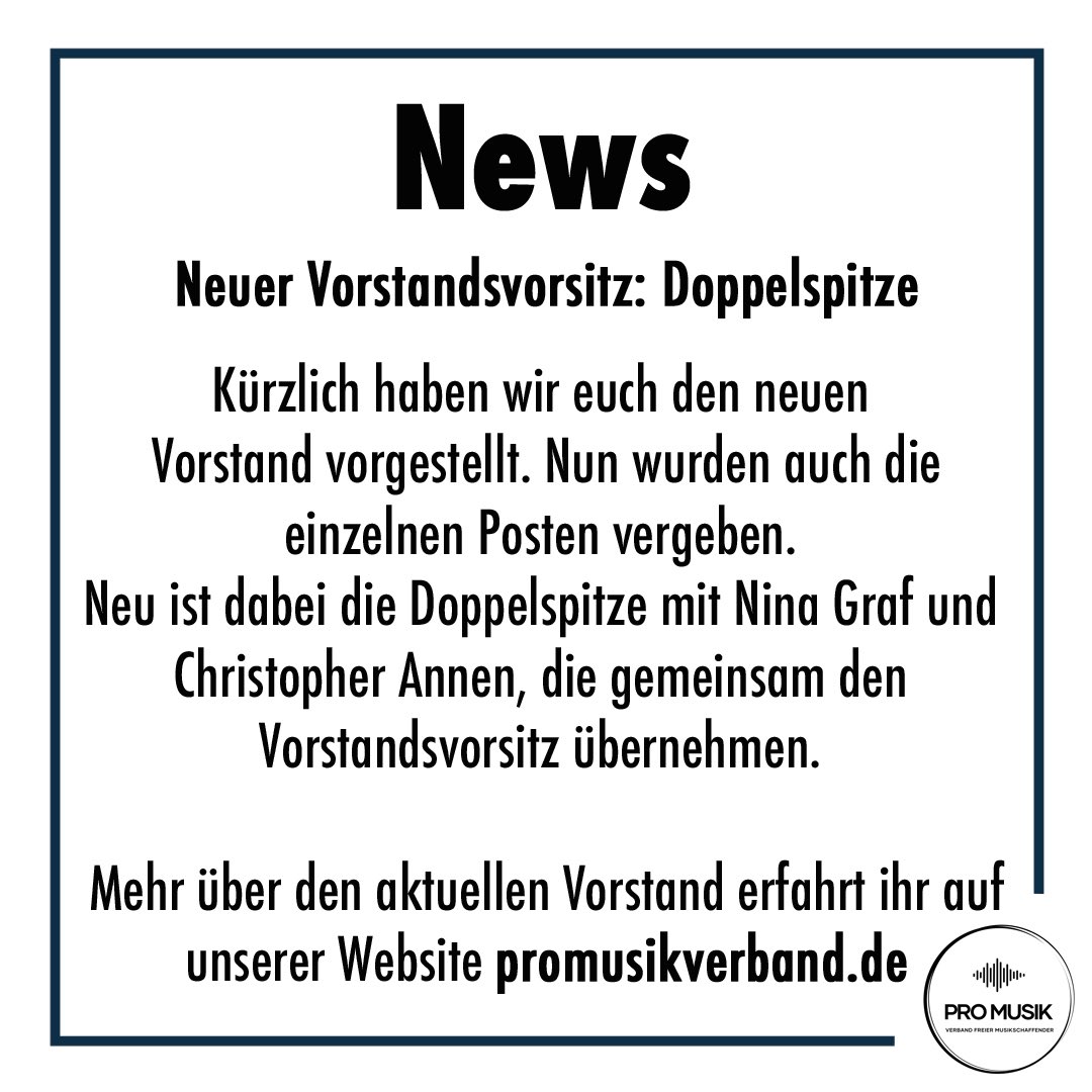 ProMusikVerband's tweet photo. Neuer Vorstandsvorsitz: Doppelspitze
 
Kürzlich haben wir euch bereits den neuen Vorstand vorgestellt. Inzwischen wurden auch
die einzelnen Posten vergeben. Neu ist dabei die Doppelspitze mit Nina Graf und
Christopher Annen, die gemeinsam den Vorstandsvorsitz übernehmen. https://t.co/prQYeteQIZ