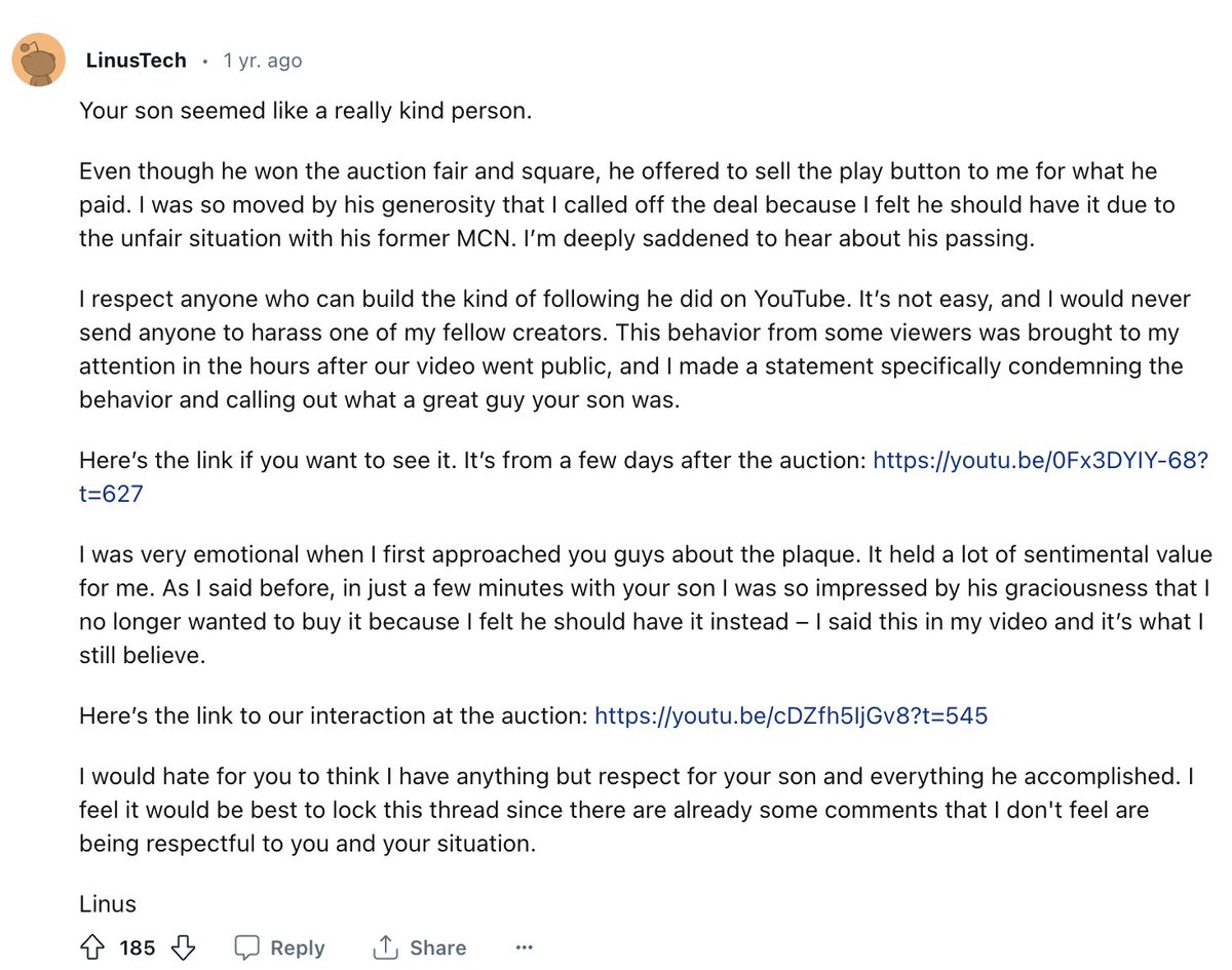 TheScarebro's tweet image. Wow, I'm just learning that @LinusTech and their fans lead to the death of a kid with a 1M subscriber channel & the kid's mother months later from grief.
Linus' response reads as sociopathic to me & he locks the post of the grieving dad, blaming other commenters. #linustechtips