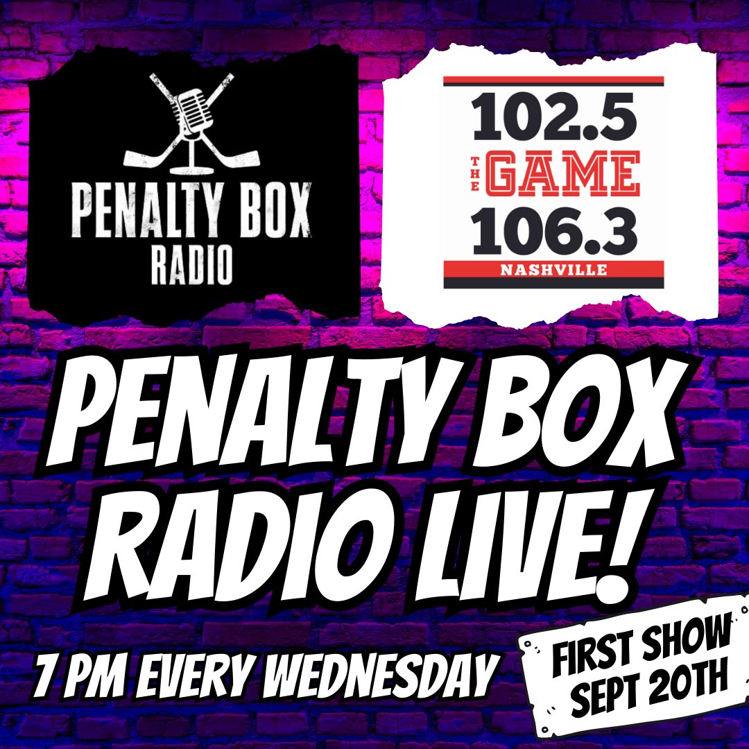 PenaltyBoxRadio's tweet photo. It’s back!
Penalty Box Radio Live—the local hockey media franchise started by @justinbbradford—now with @AlexDaugherty1 and @SCSNSH!
Tune in every Wednesday at 7 pm on @1025TheGame https://t.co/TCEIORbrjQ