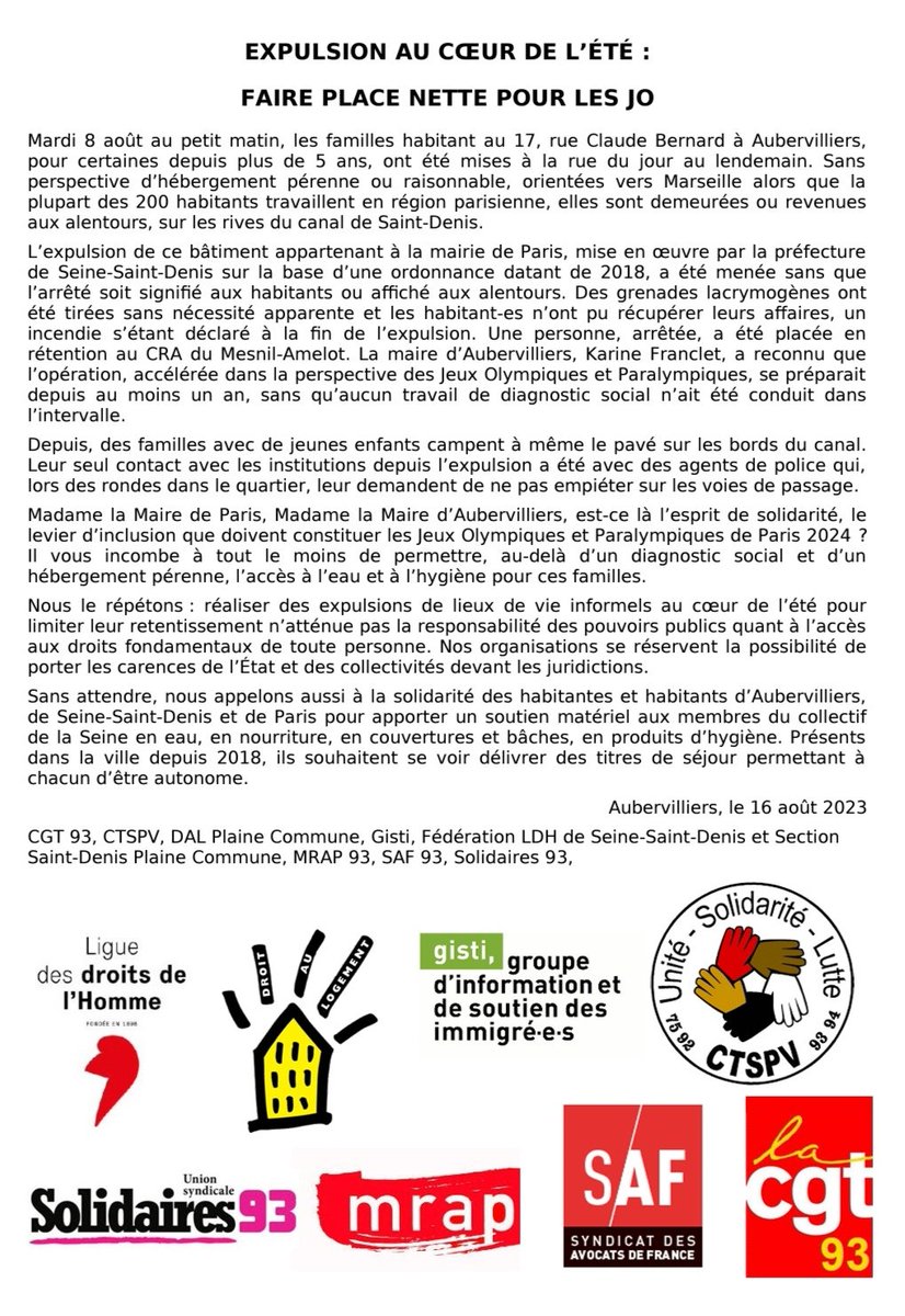 Expulser des personnes précaires, dont des enfants, sans solution c'est une honte <a href="/mairieparis/">Mairie Paris</a>, <a href="/Prefet93/">Préfet de la Seine-Saint-Denis</a> et <a href="/aubervilliers93/">Aubervilliers</a> !

A #Aubervilliers, on chasse les pauvres et les sans papiers pour préparer les #JO...

Soutenez le Collectif de la Seine qui manque de tout !