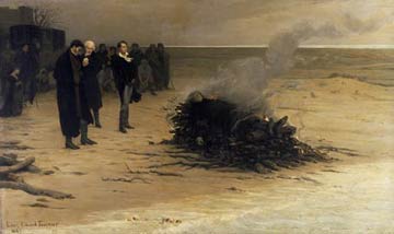 #OTD 1822, Viareggio. Shelley's body is dug up from where it has been buried in the sand for a month and burned on the beach. It takes three hours. Afterwards Byron swims a mile and a half to his boat 

1/2