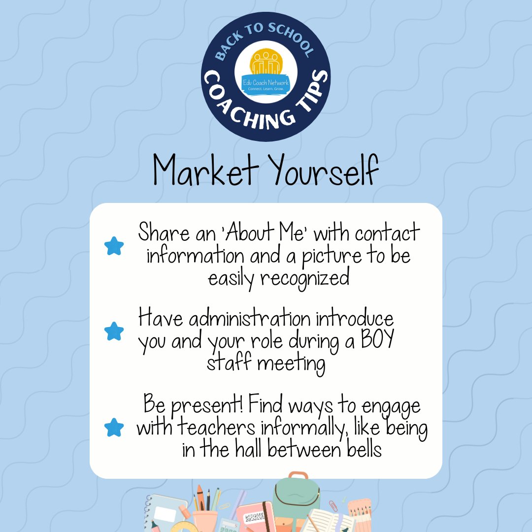 EDUCoachNetwork's tweet photo. ๐ฅ Here are some tips on marketing yourself and your coaching role at the start of the school year! #educoachchat #coaching #litcoach #mathcoach #datacoach #techcoach #edutwitter #fetc #tcea https://t.co/uRUSjOdOEa