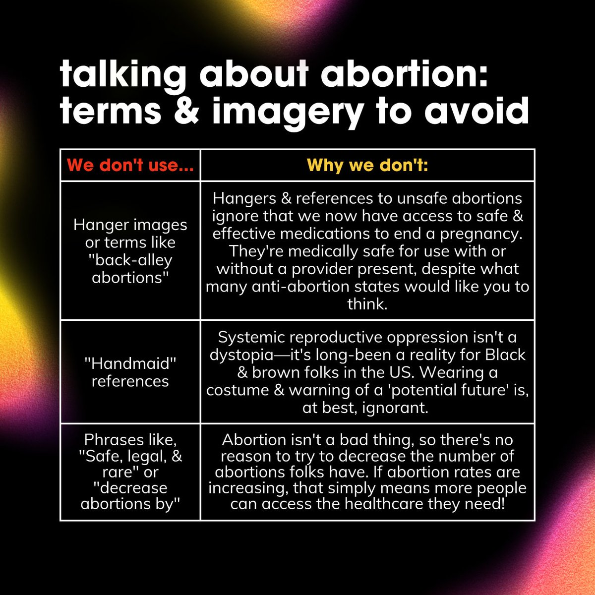 abortionfundOH's tweet photo. Here are some things you won't find us using when talking about abortion (&amp; why)! 

It's worth noting that these are terms &amp; images often used with good intent. AND—that doesn't negate the harm they cause. https://t.co/xjnt34R3CR
