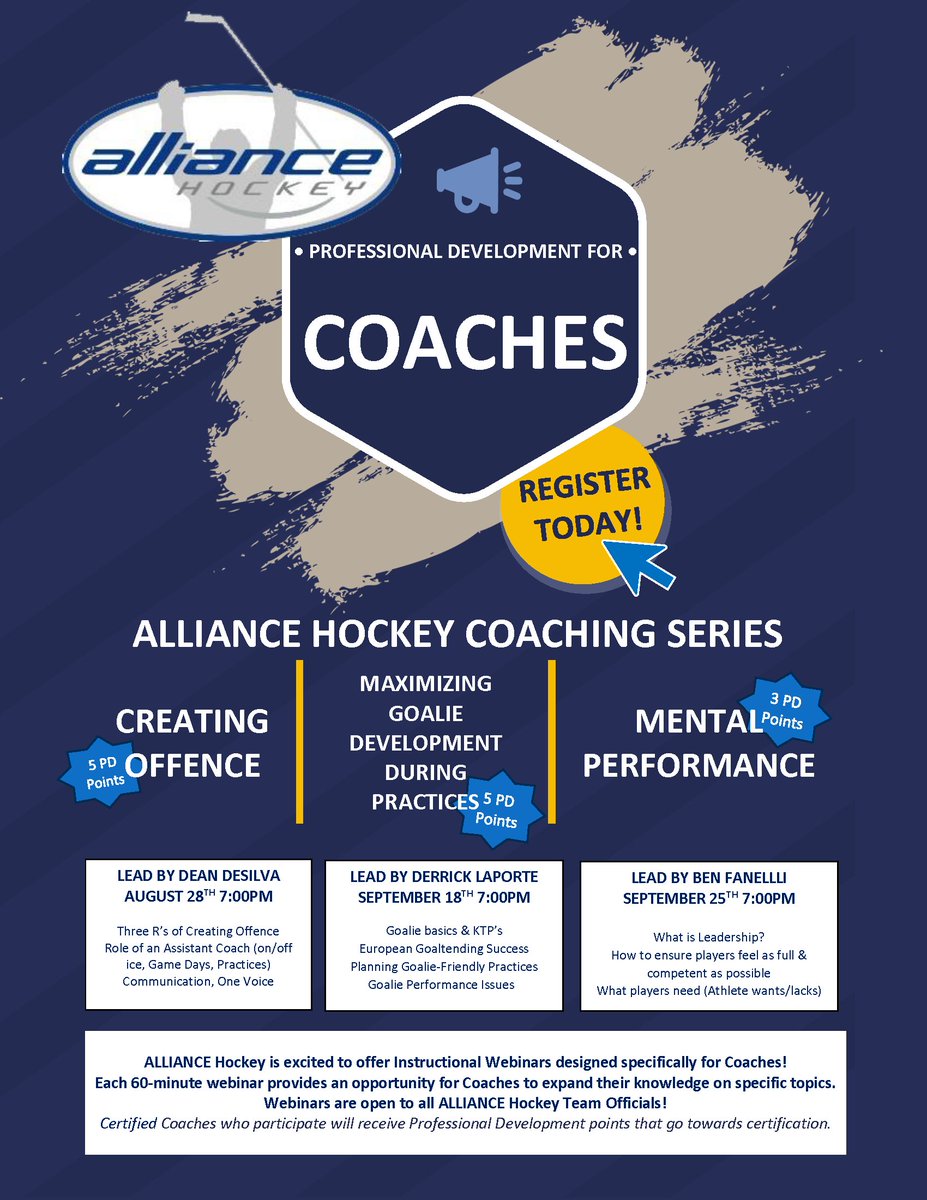 ALLIANCE Hockey is offering 3⃣Webinar Series for Coaches lead by some of the best minds in hockey.
Includes the opportunity to earn PD Points!
#CreatingOffence
#GoalieDevelopment
#MentalPerformance

Details | Registration:
alliancehockey.com/Articles/7071/…