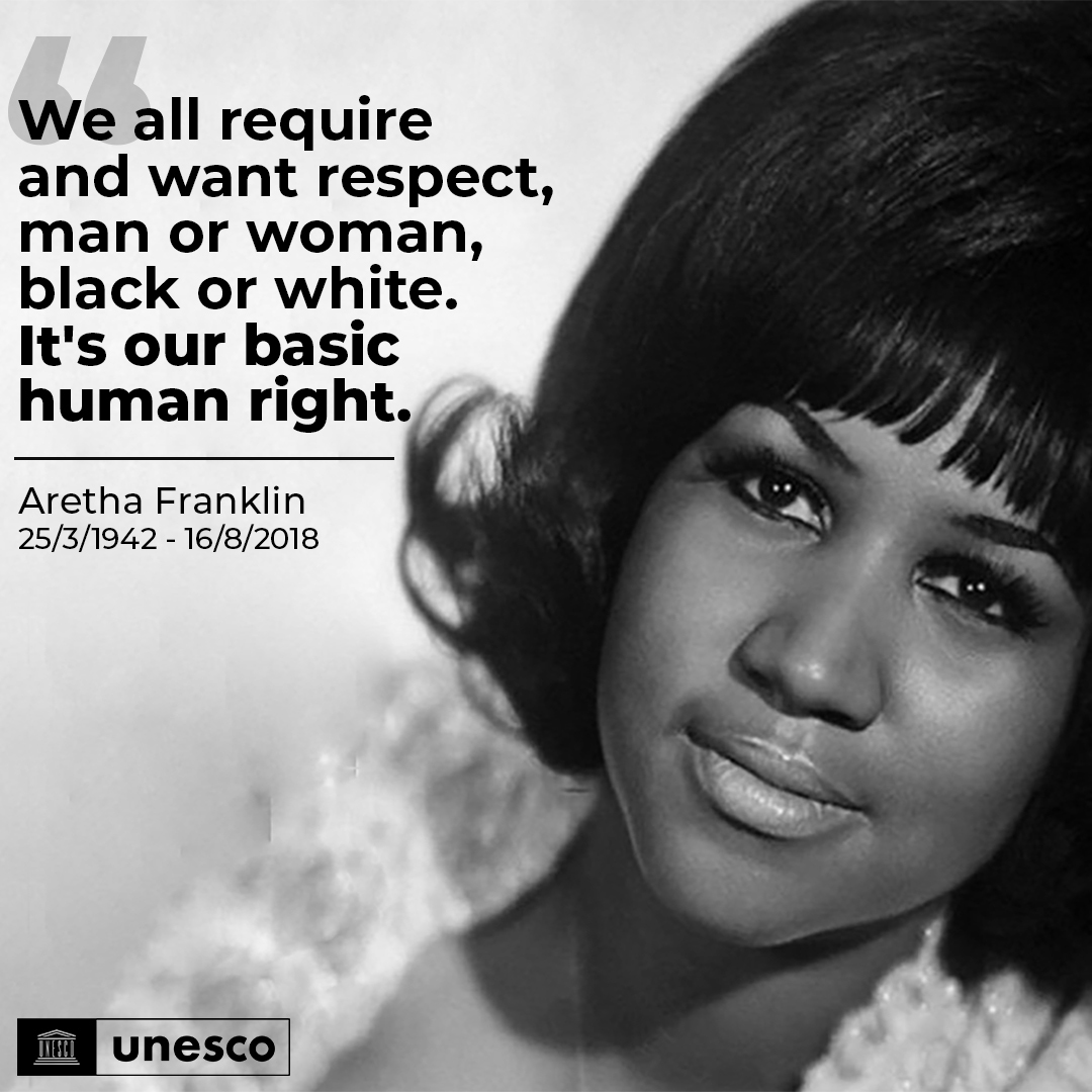 UNESCO's tweet photo. RESPECT for women.

RESPECT for human rights.

RESPECT for social justice.

Aretha Franklin passed #OnThisDay in 2018.

Homage to the Queen of Soul, an artist committed to the struggle for civil rights, gender equality &amp; a fairer world for all.

#FightRacism #StandUp4HumanRights https://t.co/O5NuoYYtvH