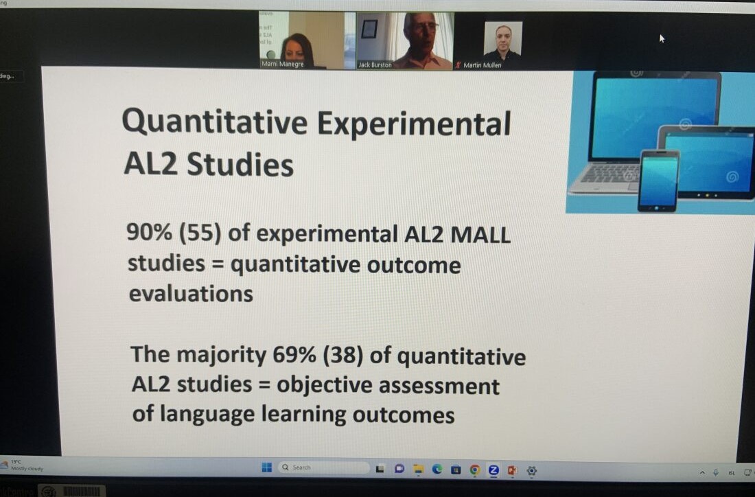 Thanks so much to our MALL SIG Symposium presenters today, Jaime Selwood, Bruce Lander, Tim Knight, and Jack Burston, for three enlightening presentations on different aspects of MALL and the opportunities and challenges they present. It was a pleasure to host them.