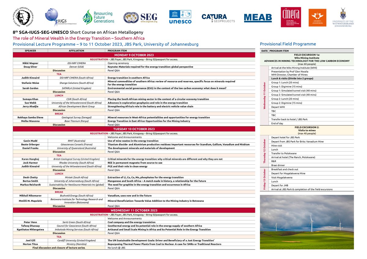 CimeraSA's tweet photo. 📢Reminder Alert!
 
Registration for the 8th Metallogeny Short Course is still open! Secure Your Spot Now by registering here: https://t.co/OvZbXJrr1K

#EnergyTransition #Africa #MineralResources #SustainableDevelopment #SGA2023 https://t.co/Ab1IFkafCf