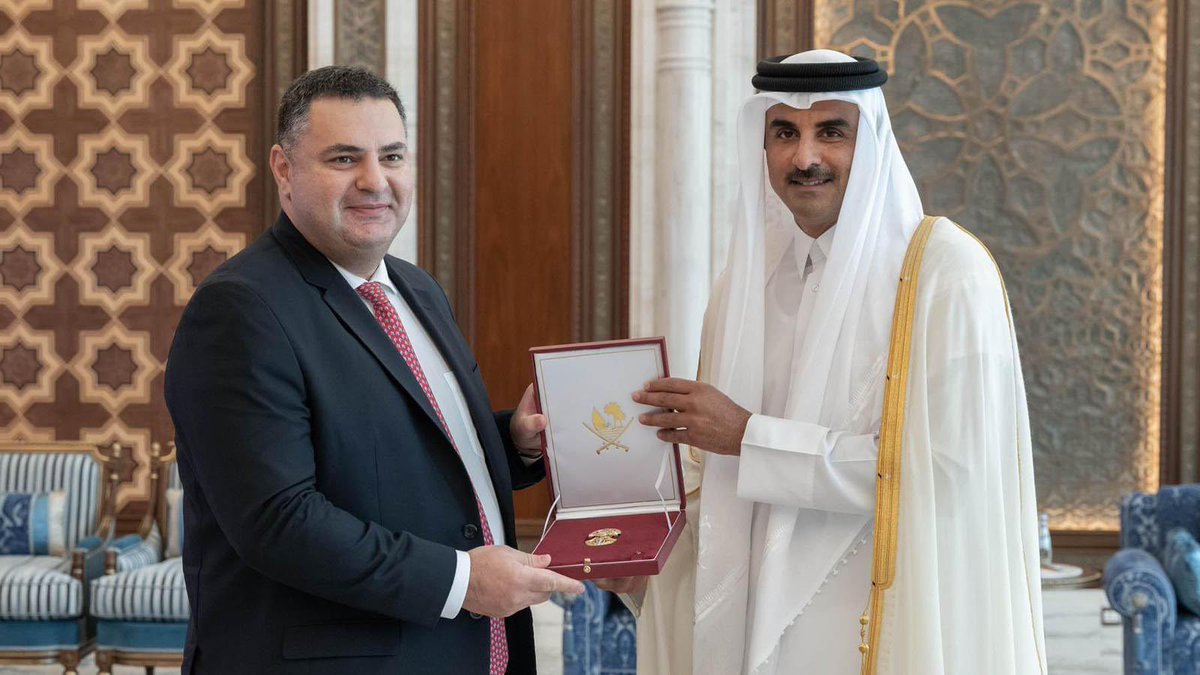 GeoEmbDoha's tweet photo. Today, at the farewell meeting, Emir of Qatar HH Sheikh Tamim bin Hamad Al Thani awarded Ambassador of #Georgia to #Qatar Nikoloz Revazishvili with the Al Wajbah Medal in appreciation of his significant role in contributing to strengthening of bilateral relations btw 🇬🇪&amp;🇶🇦. https://t.co/SJGahLiUoX