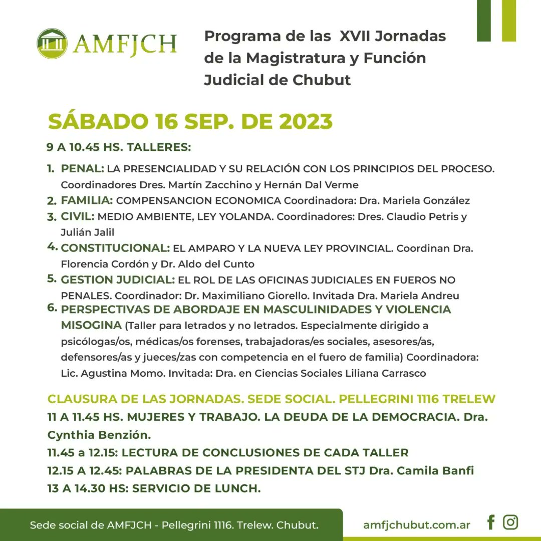 🟩XXVII Jornadas Científicas de la Magistratura y la Función Judicial de Chubut🟩
 
15 y 16 de septiembre de 2023 
Inscripción: desde el 22/8 al 9/9, inclusive.
Link de Inscripción: bit.ly/amfjch