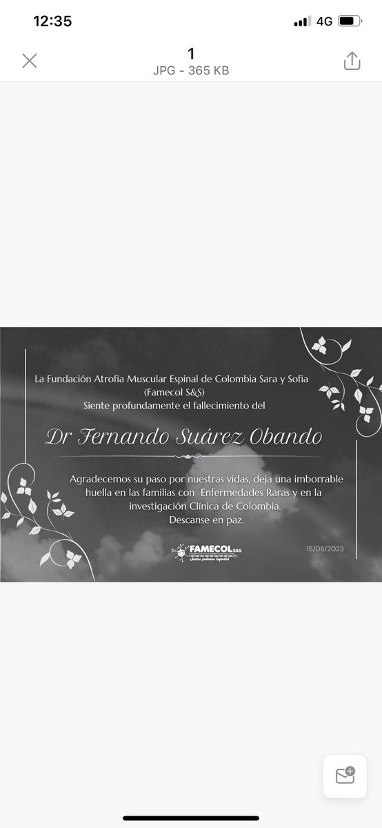 famecol's tweet photo. Flias Atrofia Muscular Espinal y Enfermedades Raras de Colombia, tenemos mucho que agradecerte, Gracias, a tu Amor por la investigación, promoviste, apoyaste, para que los estudios clínicos de la AME y de otras patologías, llegaran a nuestro país,

Un abrazo eterno, DR SUAREZ.🧬 https://t.co/RBivRe5p6q