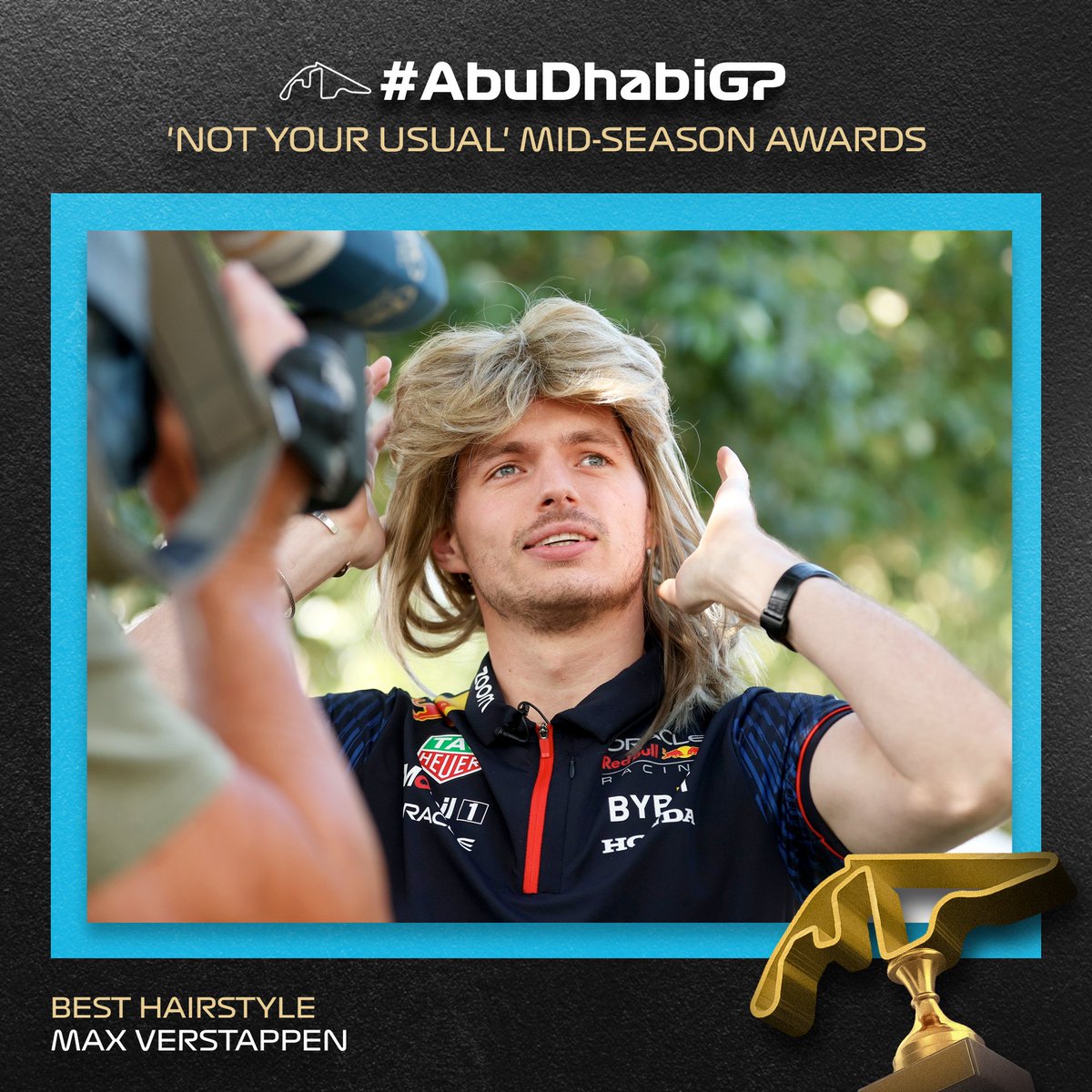 Hats off (or should we say hair off?) to @Max33Verstappen for snagging the Best Hairstyle Award! 🏆

In a hairy showdown between Verstappen and Bottas, Max took his mullet to an uncharted level of new heights. 😂

#AbuDhabiGP #MidSeasonAwards #F1 #Formula1 @F1