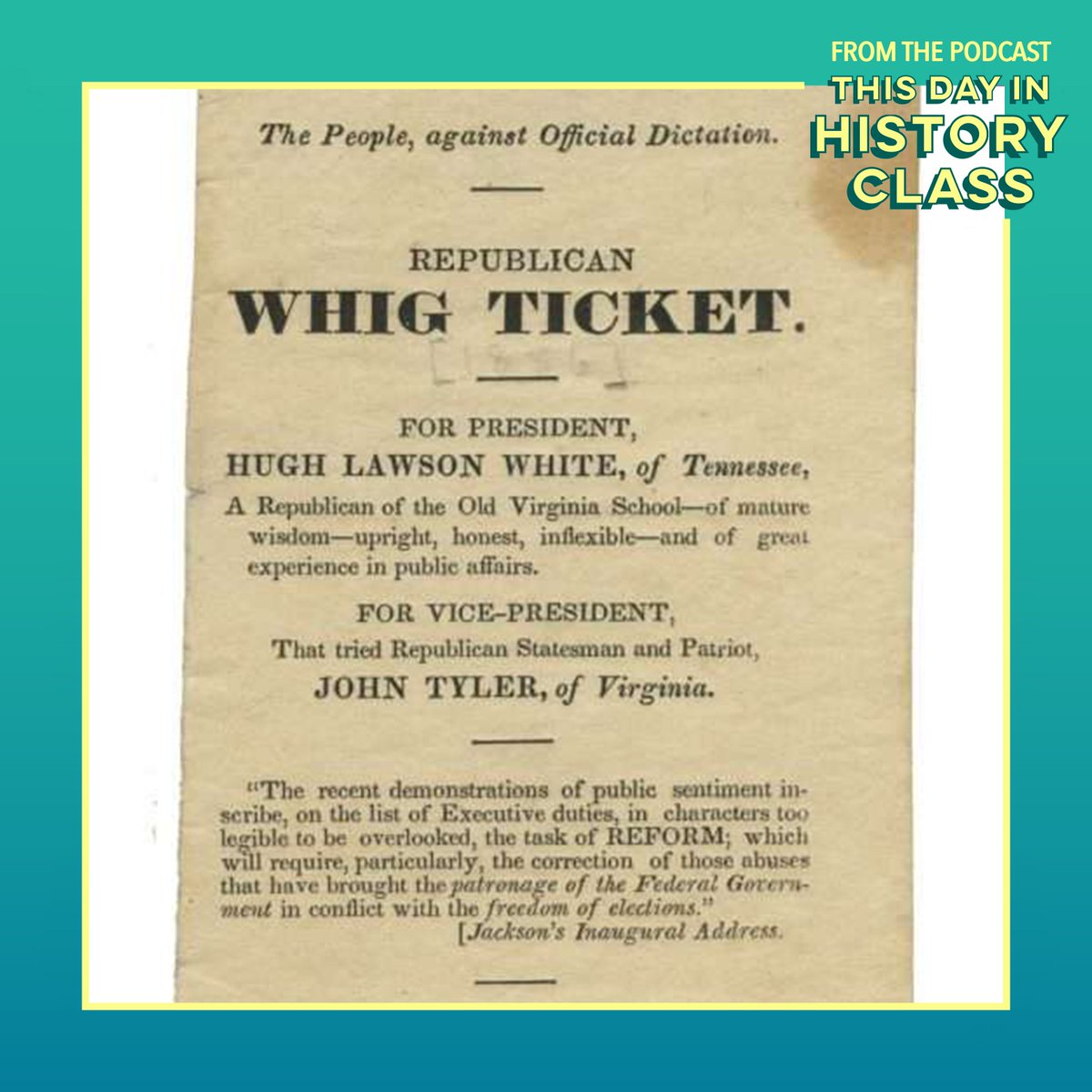 On this day in 1841, an angry mob gathered outside the White House and burned an effigy of President John Tyler.

#JohnTyler #Effigy #Veto #NationalBank #WhiteHouse #Whigs #Protest #TDIHC #ThisDayInHistory #TodayInHistory #OnThisDay #August16

Listen now:
omny.fm/shows/this-day…