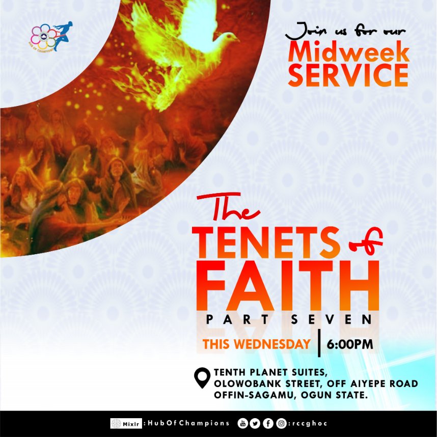 Rccg_HOC's tweet photo. Join us this evening for a refreshing time with the Most High!

We continue on our series "The Tenets of Faith".
Come, lets study and learn at His Feet!

#RCCG
#HubOfChampions
#MidweekService https://t.co/cGg02z45bw