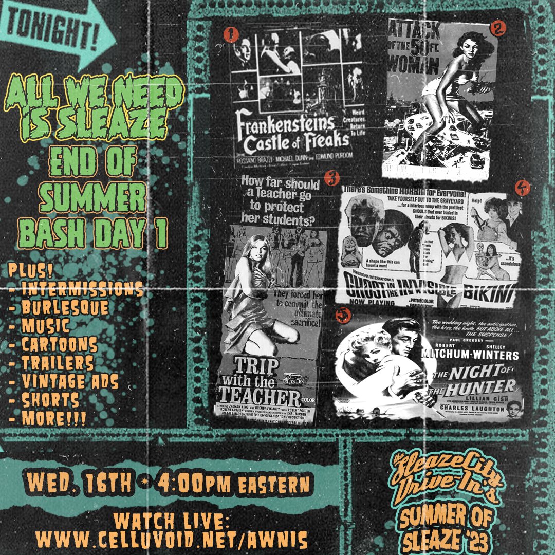 WeAllNeedSleaze's tweet photo. SleazeCity Drive-In is holding our annual two day end of summer bash! Today and Wednesday the 30th. Here's whats playing tonight! I hope you enjoy the mix of movies, next one will be even more eclectic. See you all there. And spread the word!
#MutantFam @kinky_horror https://t.co/KWMHw4pr6Y