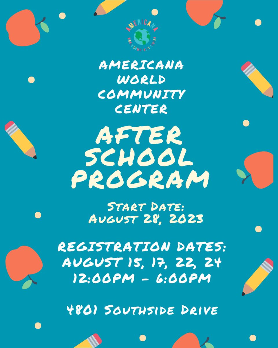 After-School Program registration is open at Americana! 

Parents can attend from 12PM-6PM August 15th, 17th, 22nd, and 24th to enroll their children K-12.

After-School Program begins Monday, August 28th!