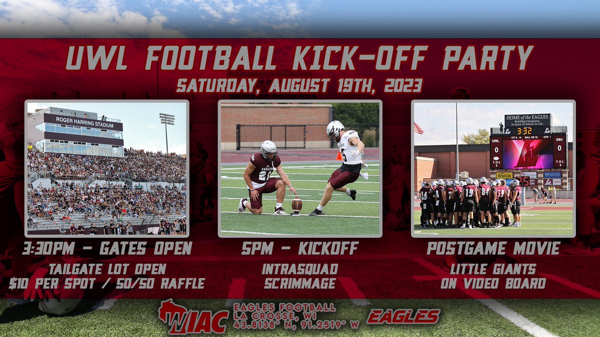 The UWL Football Kick-Off Party is this Saturday! See you there! 🦅🏈

#TheExperience #d3fb