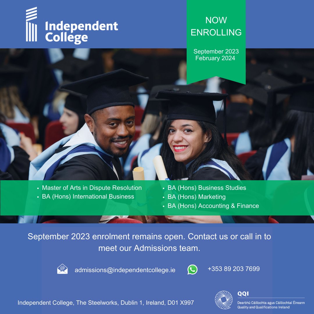 Sept 2023 enrolment for our QQI accredited undergraduate and post graduate programmes remains open. Discover our comprehensive student support services, competitive fees, post graduate employment focus & work life friendly timetable.

More information 👉 independentcollege.ie